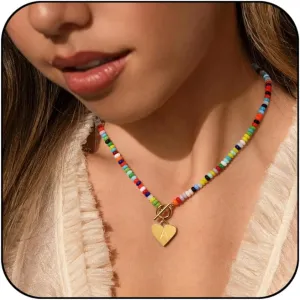 Badu Initial A-Z Colorful Beaded Gemstone Necklaces for Women 14K Gold Plated Waterproof Heart Boho Necklace Natural Stone Cute Jewelry Gifts Sister, best friend, BirthdayAnniversary or teens