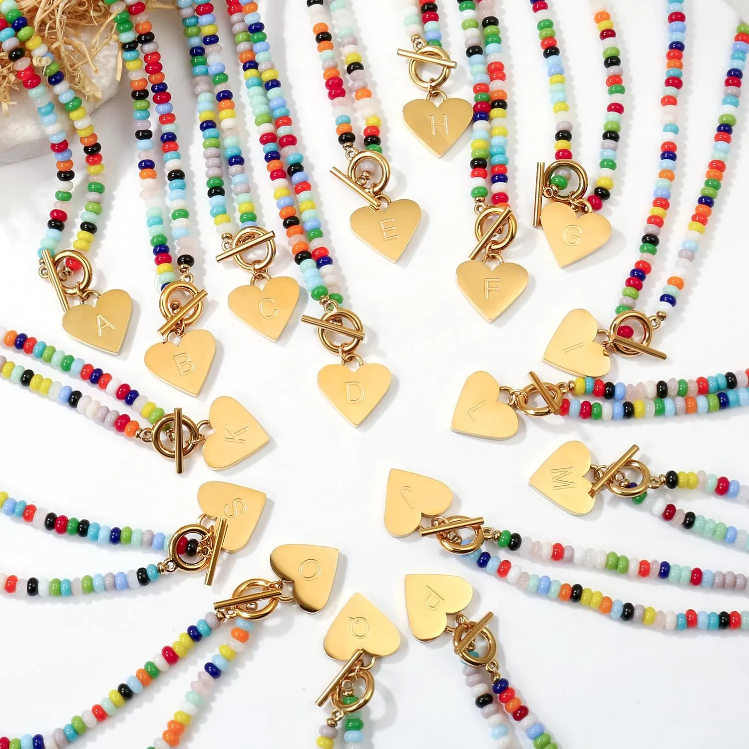 Badu Initial A-Z Colorful Beaded Gemstone Necklaces for Women 14K Gold Plated Waterproof Heart Boho Necklace Natural Stone Cute Jewelry Gifts Sister, best friend, BirthdayAnniversary or teens