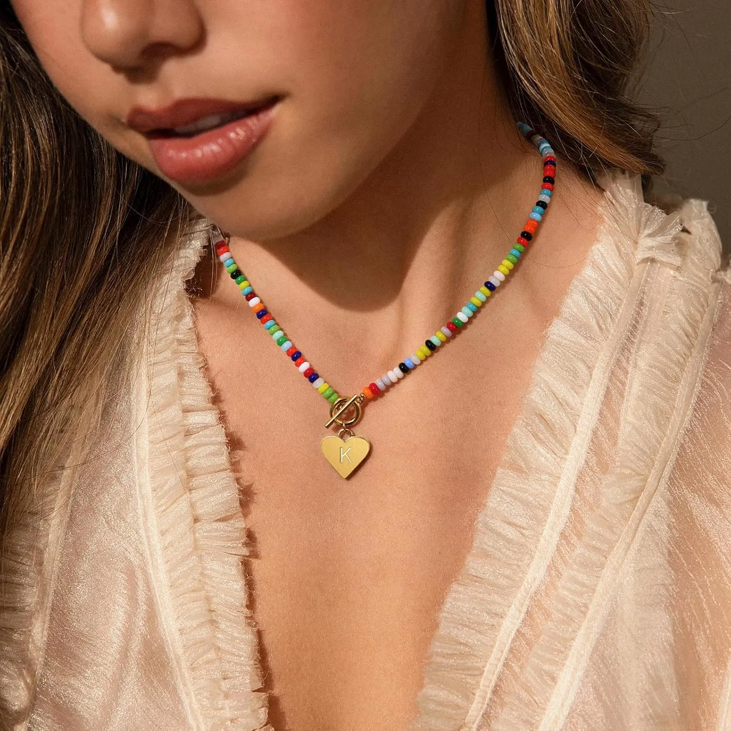 Badu Initial A-Z Colorful Beaded Gemstone Necklaces for Women 14K Gold Plated Waterproof Heart Boho Necklace Natural Stone Cute Jewelry Gifts Sister, best friend, BirthdayAnniversary or teens
