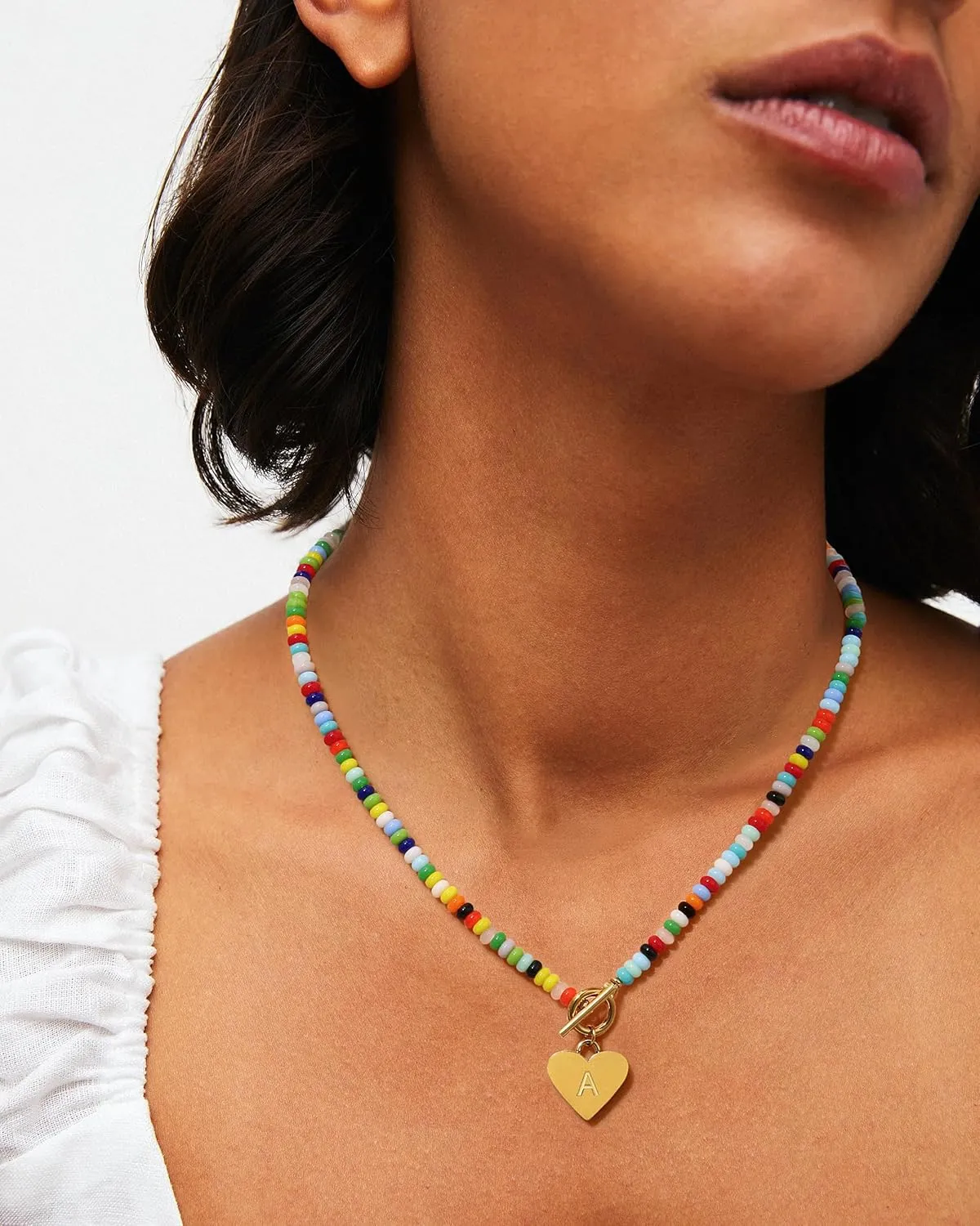 Badu Initial A-Z Colorful Beaded Gemstone Necklaces for Women 14K Gold Plated Waterproof Heart Boho Necklace Natural Stone Cute Jewelry Gifts Sister, best friend, BirthdayAnniversary or teens