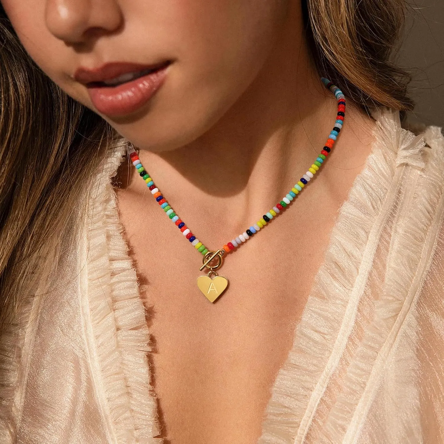 Badu Initial A-Z Colorful Beaded Gemstone Necklaces for Women 14K Gold Plated Waterproof Heart Boho Necklace Natural Stone Cute Jewelry Gifts Sister, best friend, BirthdayAnniversary or teens