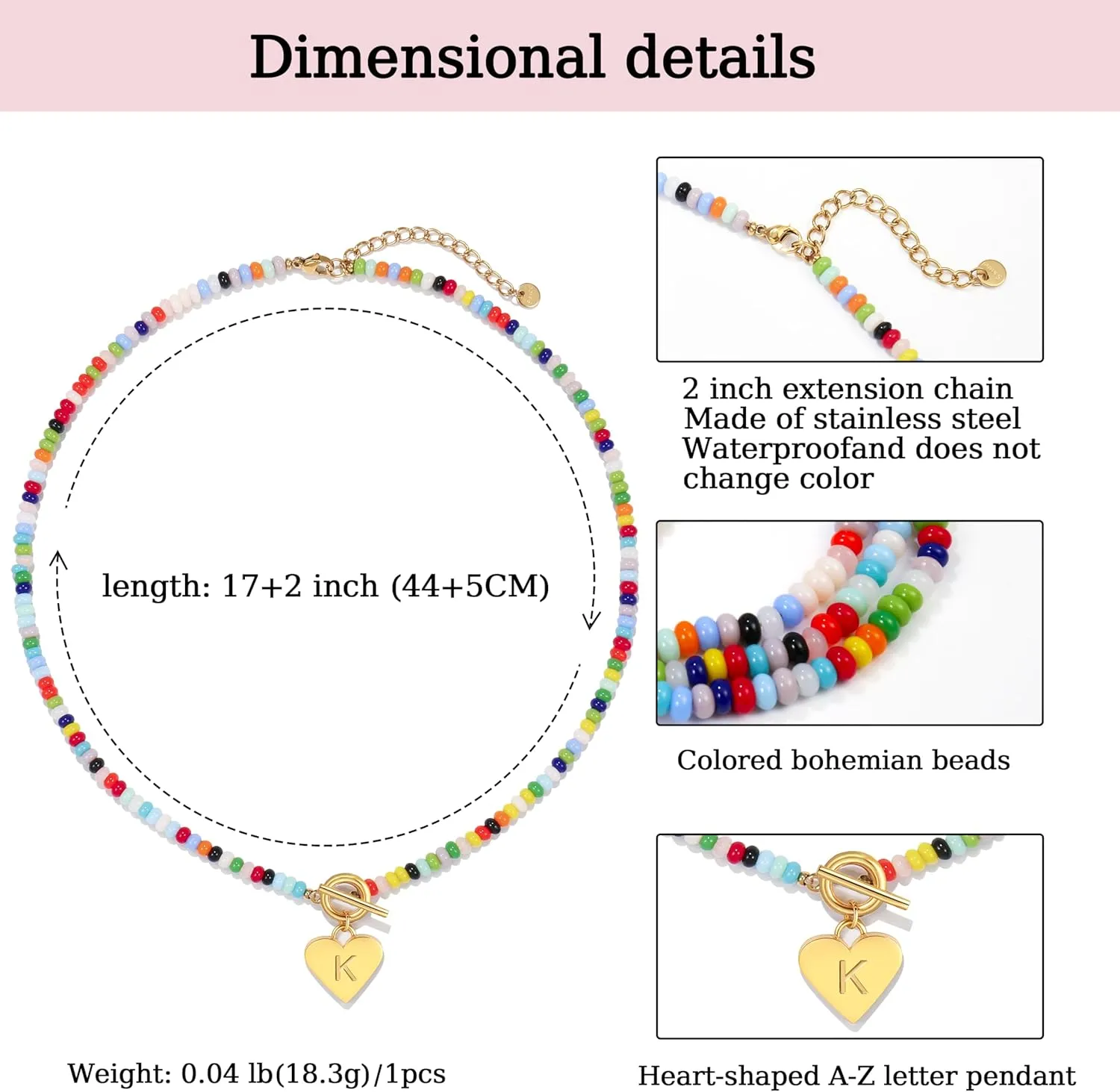 Badu Initial A-Z Colorful Beaded Gemstone Necklaces for Women 14K Gold Plated Waterproof Heart Boho Necklace Natural Stone Cute Jewelry Gifts Sister, best friend, BirthdayAnniversary or teens