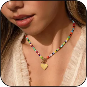 Badu Initial A-Z Colorful Beaded Gemstone Necklaces for Women 14K Gold Plated Waterproof Heart Boho Necklace Natural Stone Cute Jewelry Gifts Sister, best friend, BirthdayAnniversary or teens