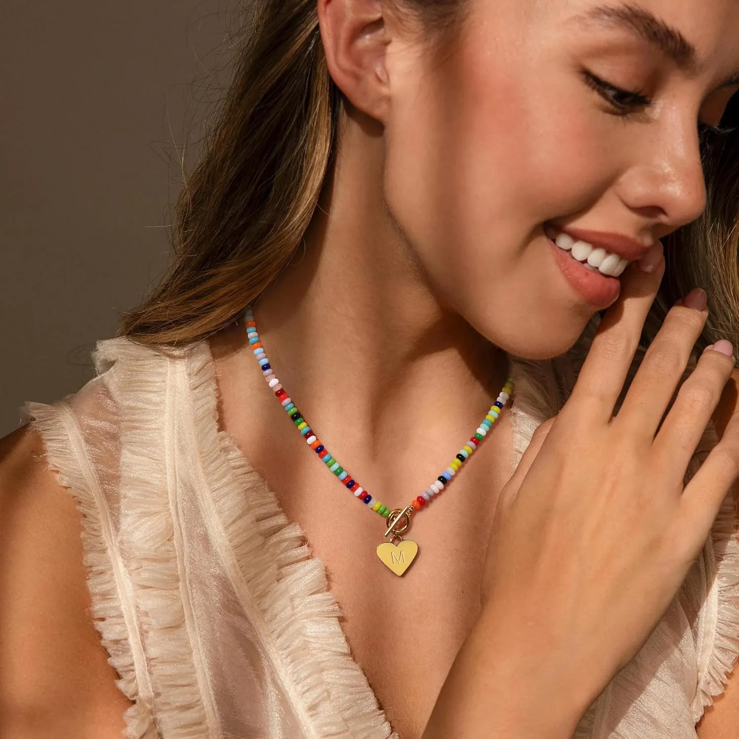 Badu Initial A-Z Colorful Beaded Gemstone Necklaces for Women 14K Gold Plated Waterproof Heart Boho Necklace Natural Stone Cute Jewelry Gifts Sister, best friend, BirthdayAnniversary or teens