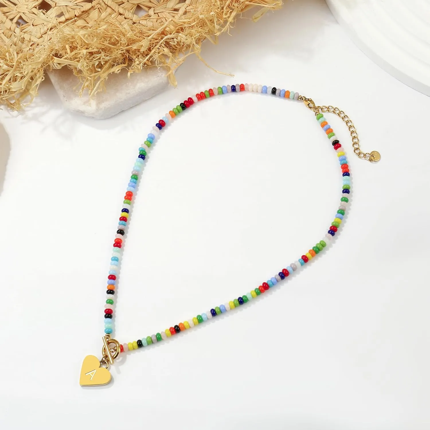 Badu Initial A-Z Colorful Beaded Gemstone Necklaces for Women 14K Gold Plated Waterproof Heart Boho Necklace Natural Stone Cute Jewelry Gifts Sister, best friend, BirthdayAnniversary or teens