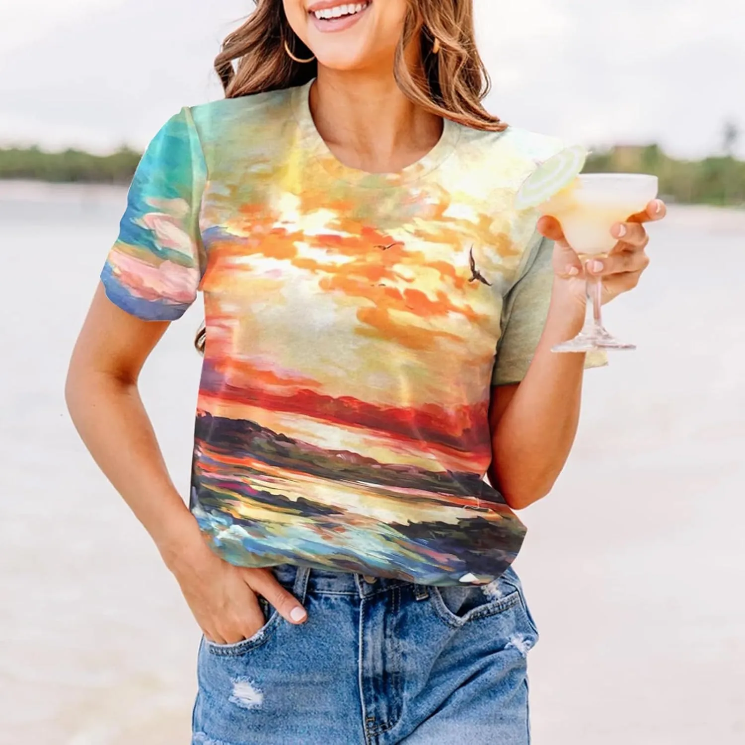 Beach Shirts for Women Hawaiian Graphic Tees Sunshine Summer Vacation Vintage Tshirt Tops