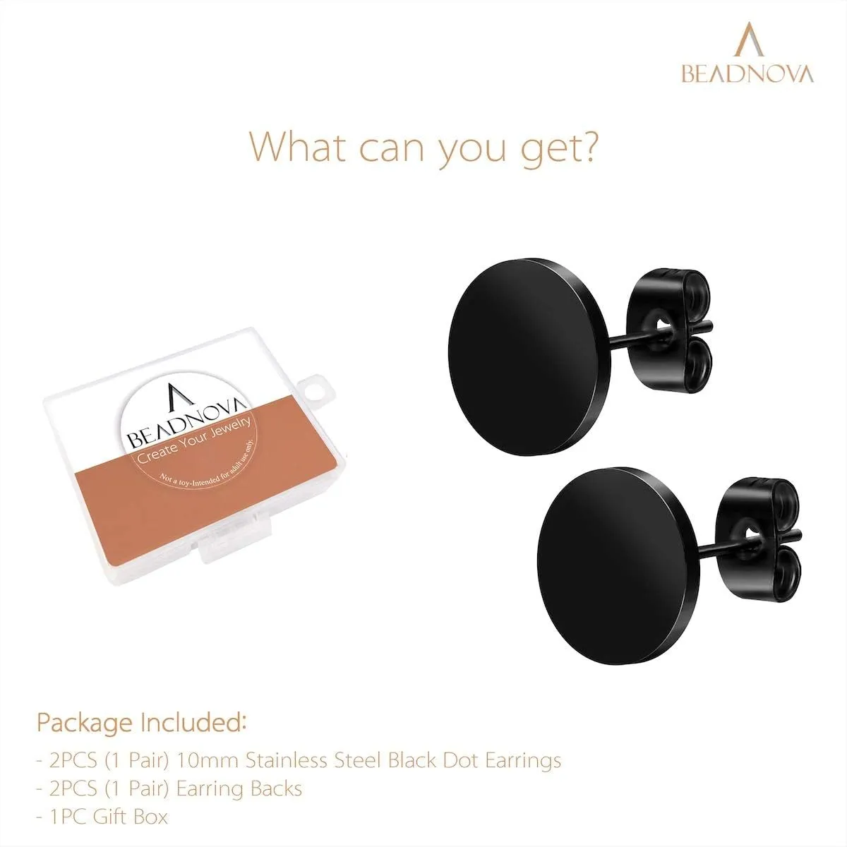 BEADNOVA Stainless Steel Stud Earrings Flat Circle Dot Earrings Fake Plugs Black Stud Piercing Post Earrings Fake Gauges for Men (2-10mm, Black, 1-3 pairs)