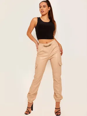 Bekky Faux Leather Utility Pocket Cargo Trouser In Stone