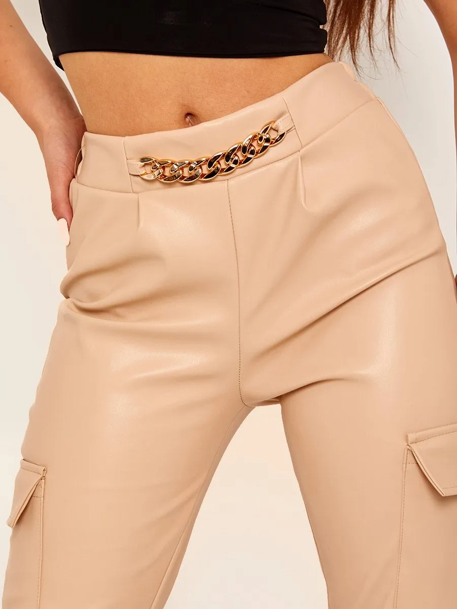Bekky Faux Leather Utility Pocket Cargo Trouser In Stone