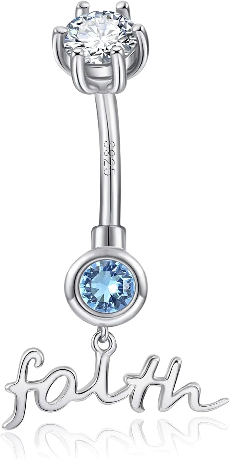 Belly Button Rings 925 Sterling Silver 6mm CZ Love Faith Dangle Belly Rings Curved Barbell Body Piercing Navel Rings for Women