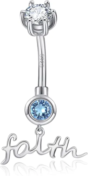 Belly Button Rings 925 Sterling Silver 6mm CZ Love Faith Dangle Belly Rings Curved Barbell Body Piercing Navel Rings for Women