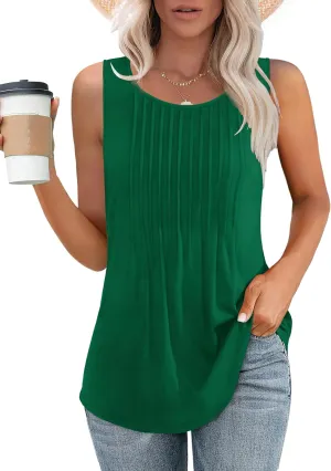 Besshopie Womens Summer Tank Tops Pleated Round Neck Sleeveless Tops for Women Casual Flowy