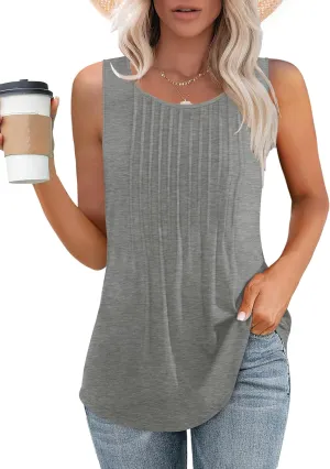 Besshopie Womens Summer Tank Tops Pleated Round Neck Sleeveless Tops for Women Casual Flowy