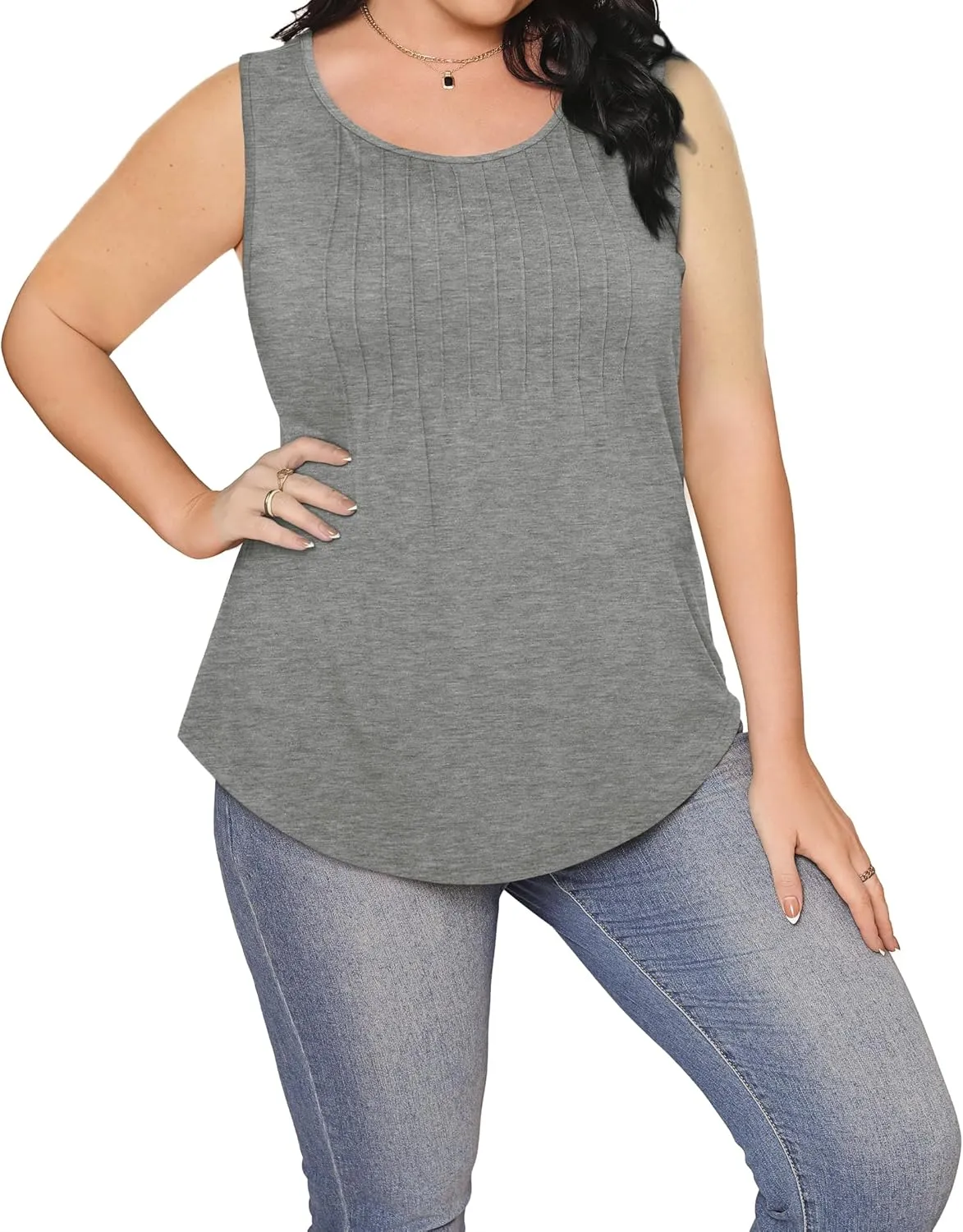 Besshopie Womens Summer Tank Tops Pleated Round Neck Sleeveless Tops for Women Casual Flowy