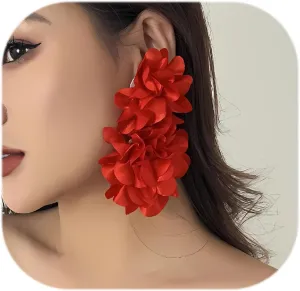 Big Flower Drop Earrings for Women Long Fabric Floral Dangle Earrings Bohemian Exaggerated Statement Satin Flower Earrings Hypoallergenic Summer 3D Fashion Jewelry Gifts