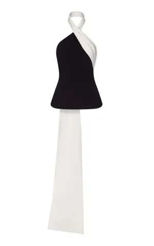 Black Halter Neck Top with Floor-Length Satin White Drape