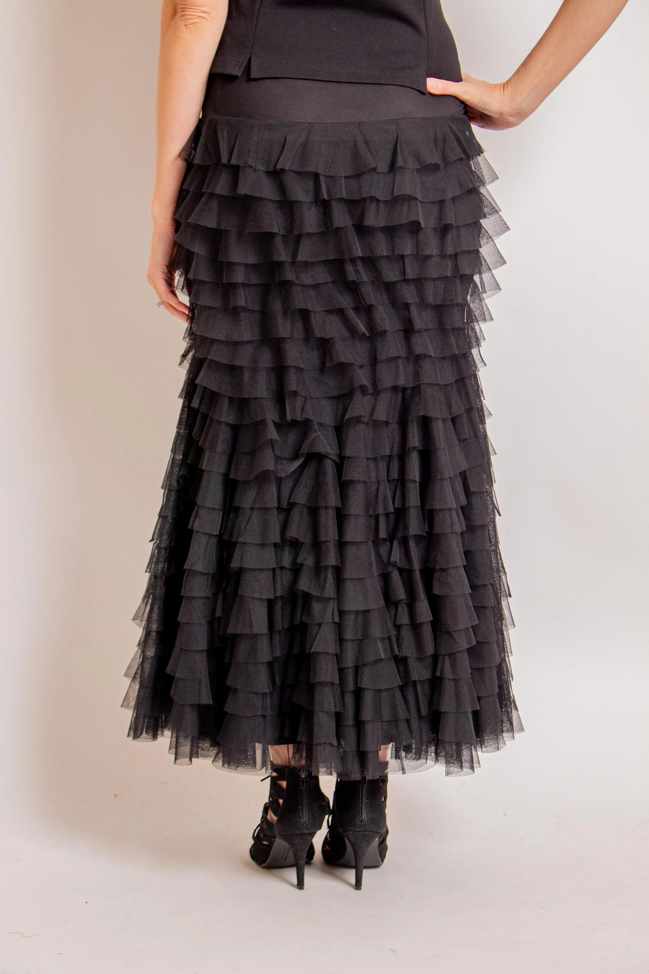 Black Long Ruffle Broom Skirt