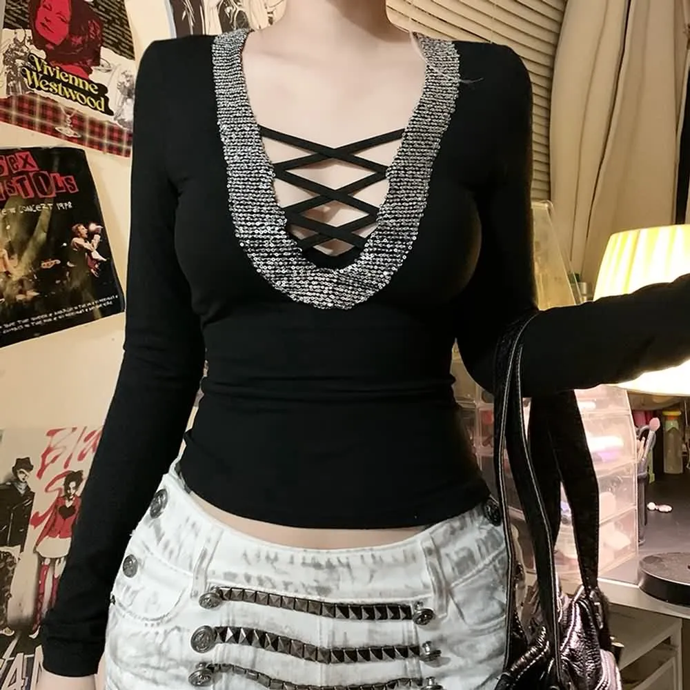 Black Sequin Crisscross V-Neck Top