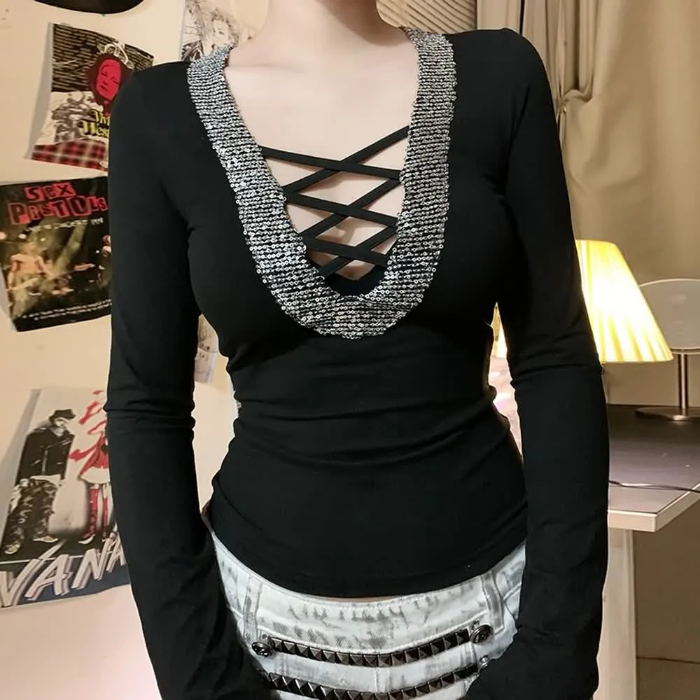 Black Sequin Crisscross V-Neck Top