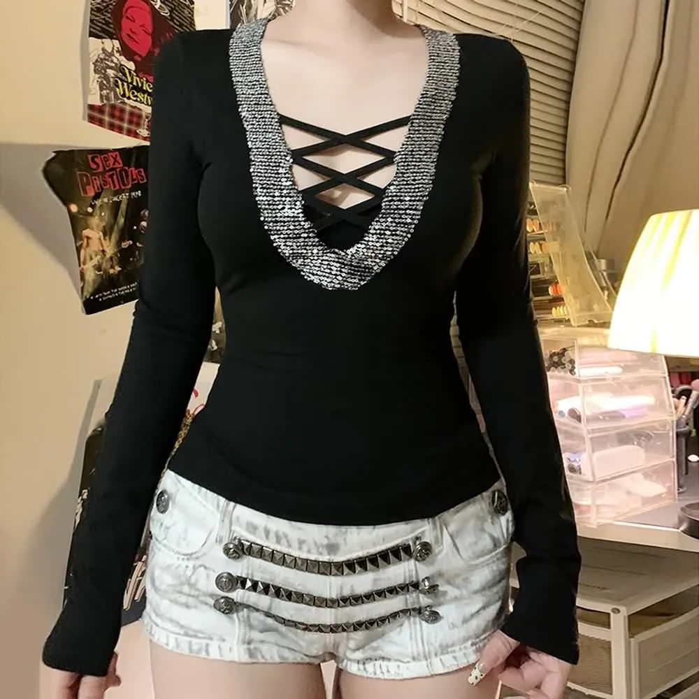 Black Sequin Crisscross V-Neck Top