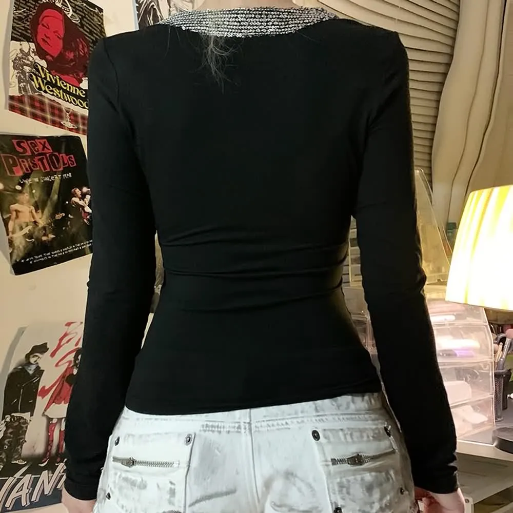 Black Sequin Crisscross V-Neck Top