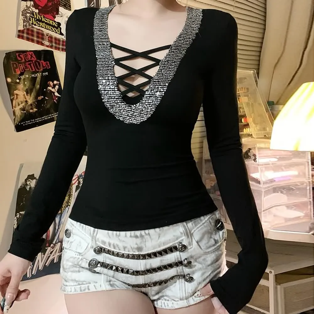 Black Sequin Crisscross V-Neck Top