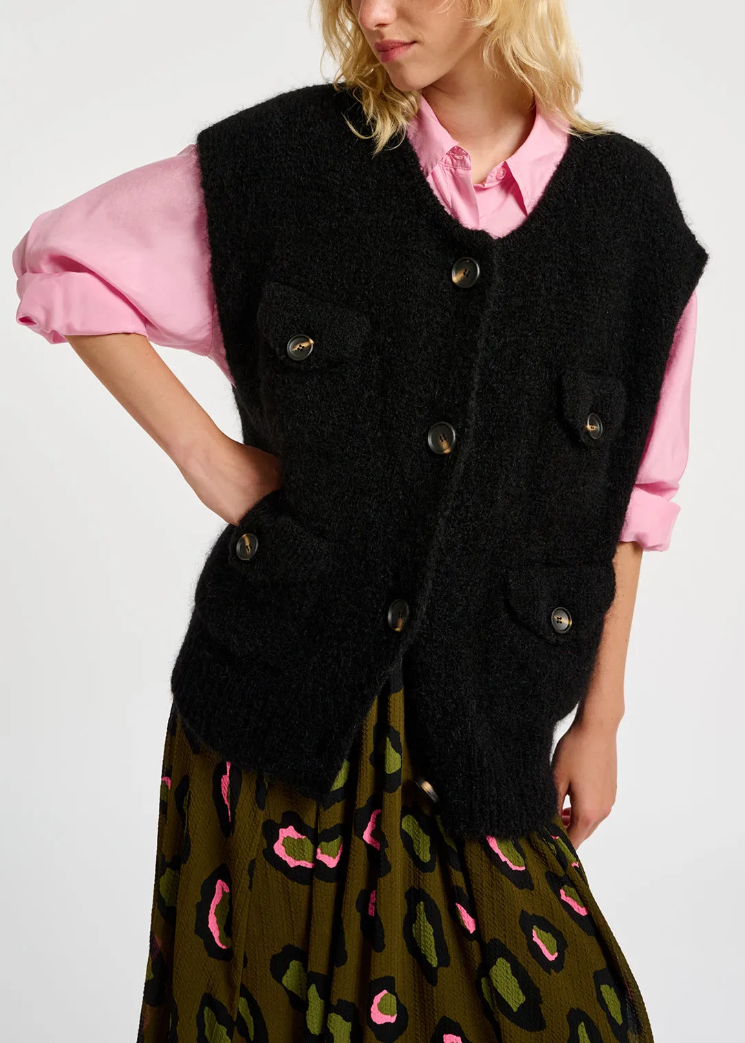 Black sleeveless mohair-blend cardigan