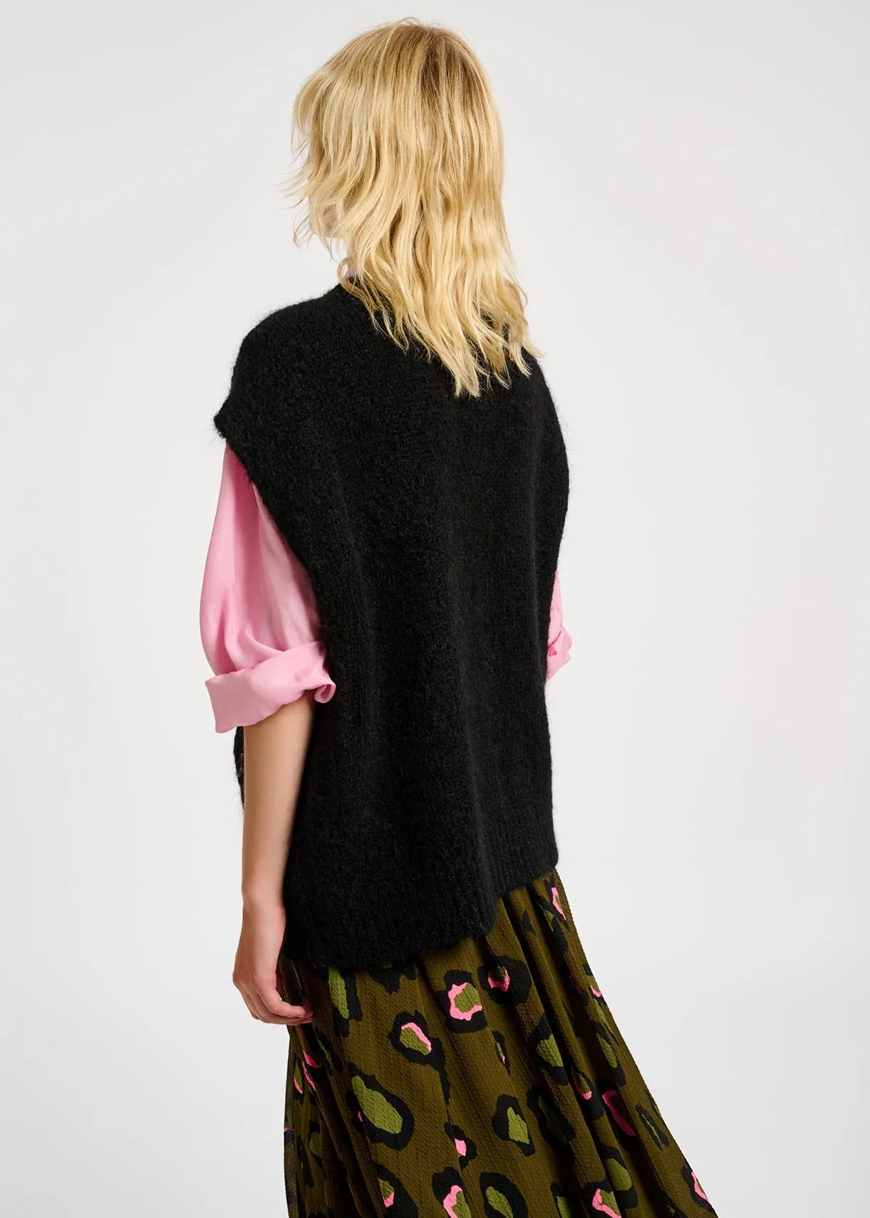 Black sleeveless mohair-blend cardigan