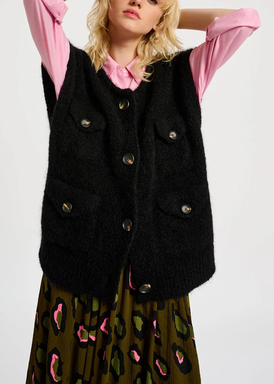 Black sleeveless mohair-blend cardigan