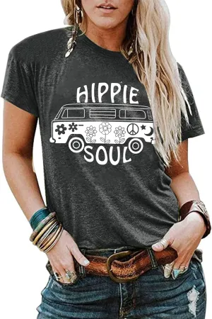 BLANCHES Women Summer Tops Vintage Graphic Tee Hippy Soul Tops Crew Neck Short Sleeve Casual Tees