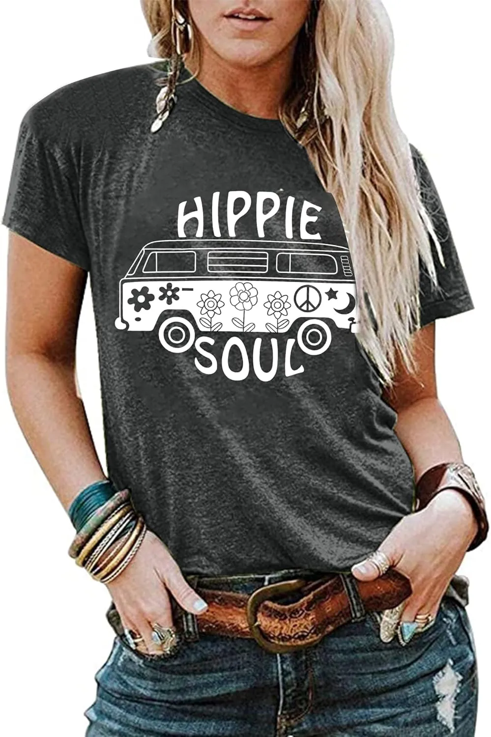 BLANCHES Women Summer Tops Vintage Graphic Tee Hippy Soul Tops Crew Neck Short Sleeve Casual Tees