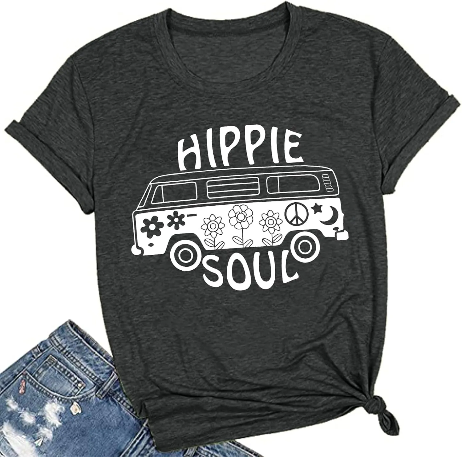 BLANCHES Women Summer Tops Vintage Graphic Tee Hippy Soul Tops Crew Neck Short Sleeve Casual Tees