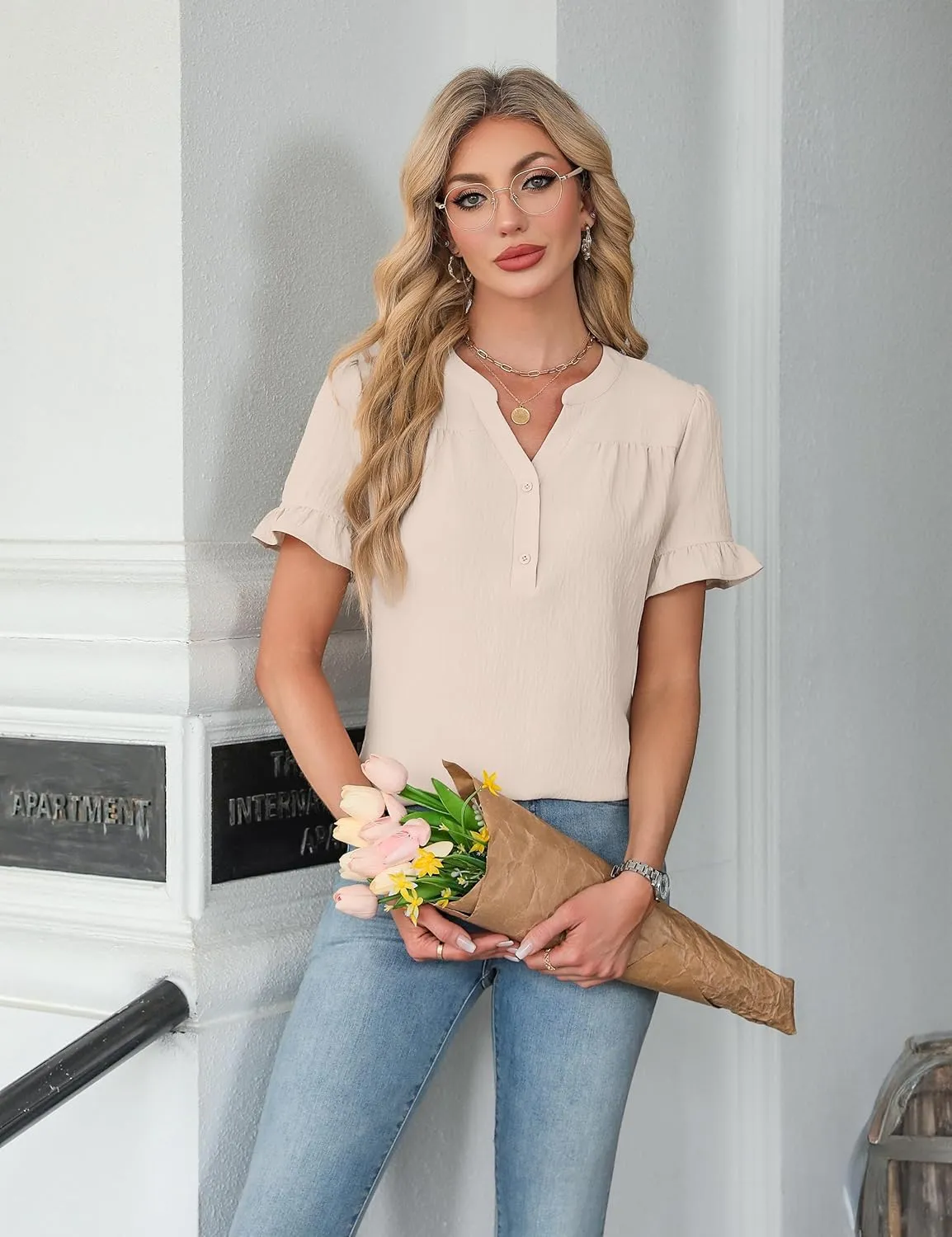 Blooming Jelly Women's Dressy Casual Tops Business Work Blouses Bell Short Sleeve Button Down Shirts 2025 Summer Outfits