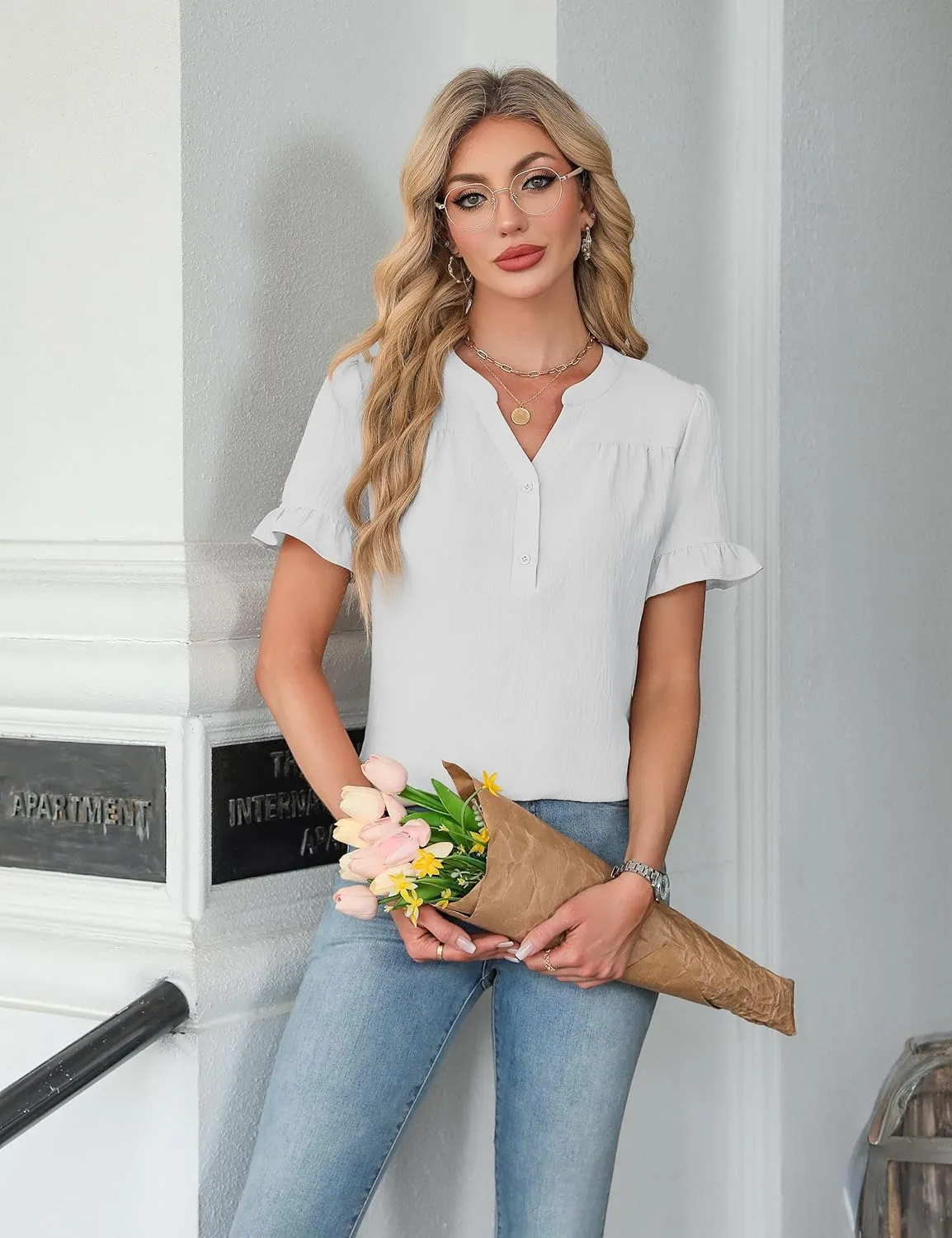 Blooming Jelly Women's Dressy Casual Tops Business Work Blouses Bell Short Sleeve Button Down Shirts 2025 Summer Outfits