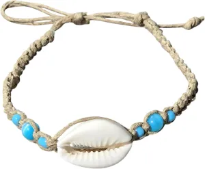 BlueRica Hemp Anklet with Blue Cat's Eye Beads & Cowrie Shell