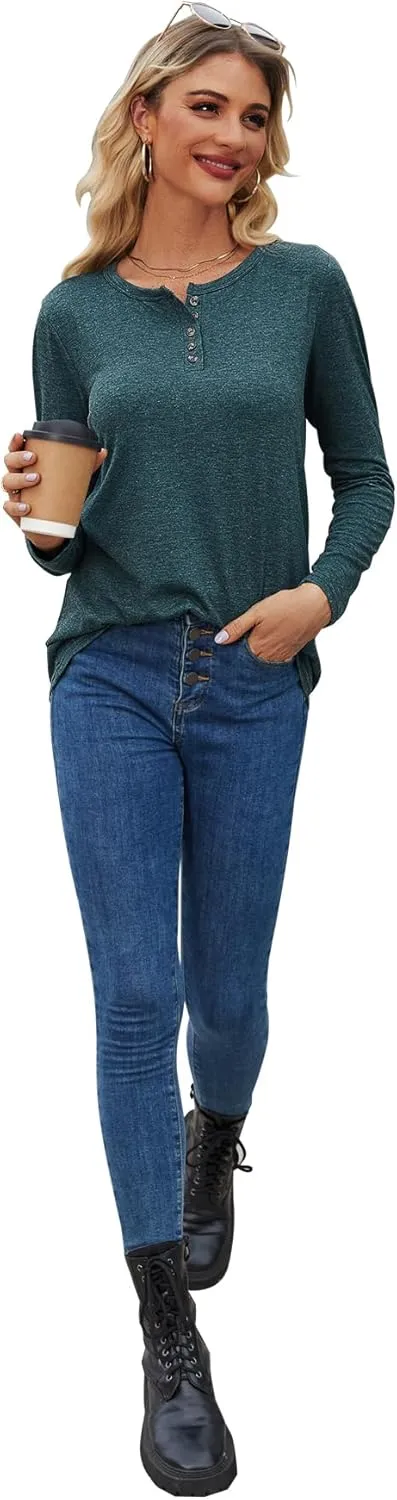Bluetime Womens Long Sleeve Shirts Crew Neck Button Basic Tee Fall Tops Clothes 2024 Casual Loose T-Shirts