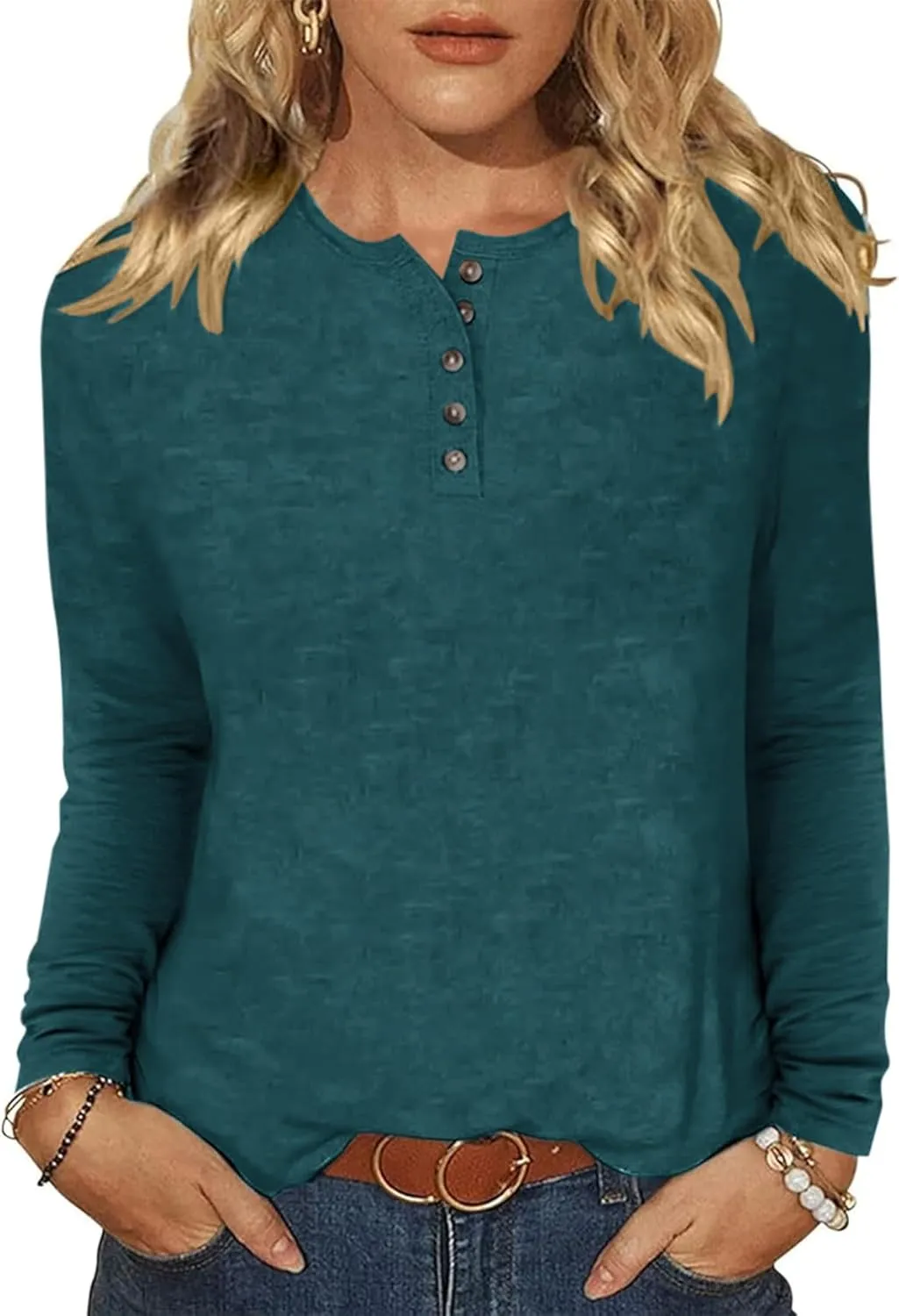 Bluetime Womens Long Sleeve Shirts Crew Neck Button Basic Tee Fall Tops Clothes 2024 Casual Loose T-Shirts