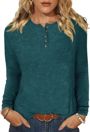 Bluetime Womens Long Sleeve Shirts Crew Neck Button Basic Tee Fall Tops Clothes 2024 Casual Loose T-Shirts