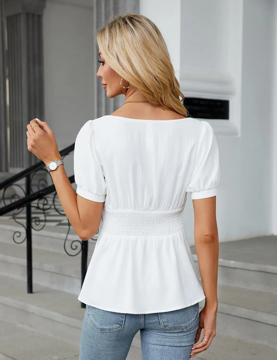 BMJL Women's Dressy Casual Blouses Business Casual Tops 2025 Summer Short Sleeve Work Shirt Smocked Back