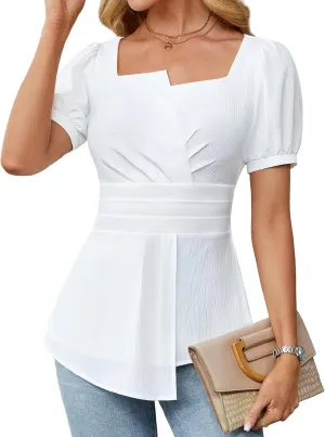 BMJL Women's Dressy Casual Blouses Business Casual Tops 2025 Summer Short Sleeve Work Shirt Smocked Back