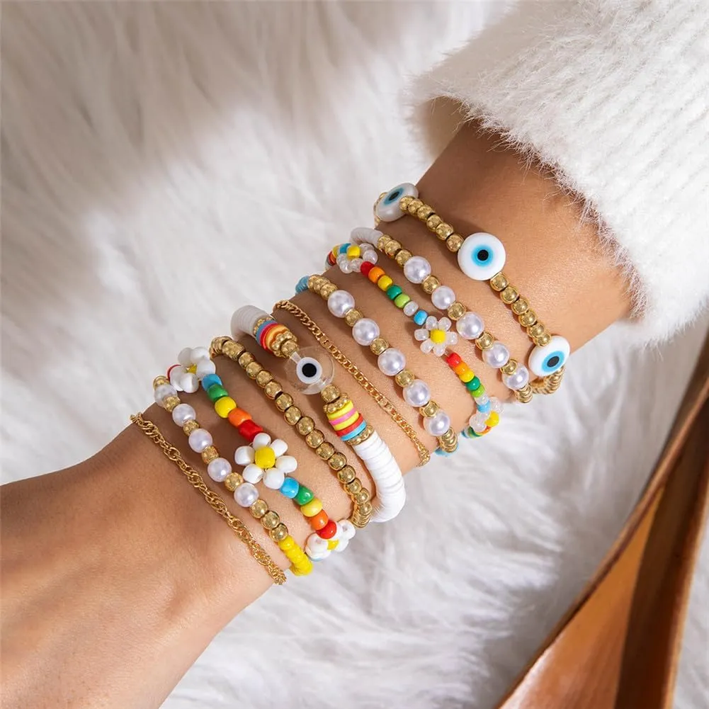 Bohemian Beaded Bracelets Mltilayer handmade Waterproof Beachy Beads Stackable Strand Bracelet for Women Men 10pcs Surfer Beach Trendy Jewelry Charm