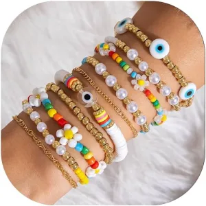 Bohemian Beaded Bracelets Mltilayer handmade Waterproof Beachy Beads Stackable Strand Bracelet for Women Men 10pcs Surfer Beach Trendy Jewelry Charm