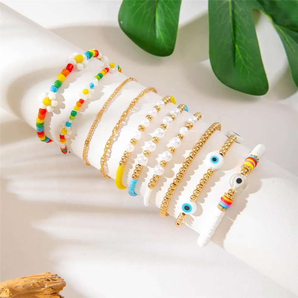 Bohemian Beaded Bracelets Mltilayer handmade Waterproof Beachy Beads Stackable Strand Bracelet for Women Men 10pcs Surfer Beach Trendy Jewelry Charm