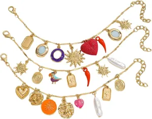 Bohemian Charm Bracelet for Women, 3-Layered Gold Alloy Stackable Sun Flower Heart Pendant Hand Chain, Trendy Fashion Summer Beach Jewelry Gift