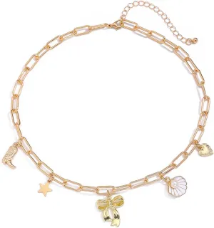 Bohemian Charm Necklace for Women,14K Gold Plated Starfish Conch Seashell Choker Necklaces Dainty Bow Knot Pendant Neckalce Paperclip Chain Adjustable Beach Holiday Jewelry