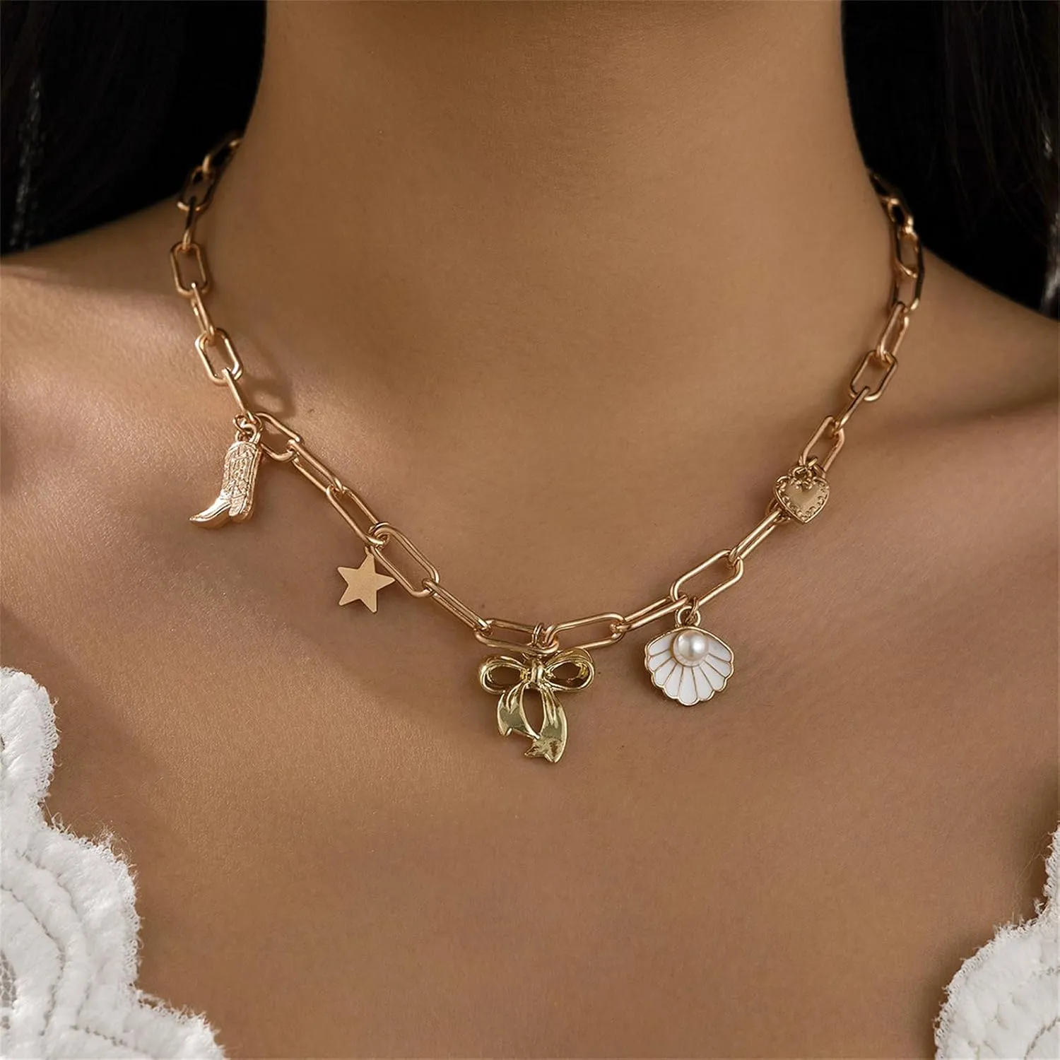Bohemian Charm Necklace for Women,14K Gold Plated Starfish Conch Seashell Choker Necklaces Dainty Bow Knot Pendant Neckalce Paperclip Chain Adjustable Beach Holiday Jewelry