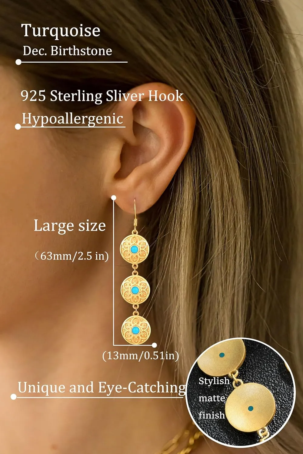 Bohemian Floral Filigree Gold Plated Turquoise Lapis Lazuli Drop Dangle Earrings, 925 Sterling Silver Durable Hook Earrings, Retro Jewelry Gift for Mother Women