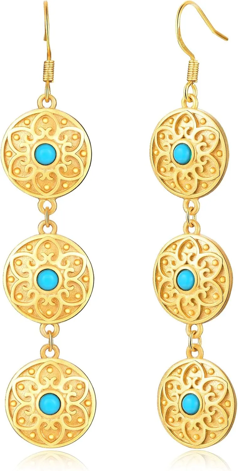 Bohemian Floral Filigree Gold Plated Turquoise Lapis Lazuli Drop Dangle Earrings, 925 Sterling Silver Durable Hook Earrings, Retro Jewelry Gift for Mother Women