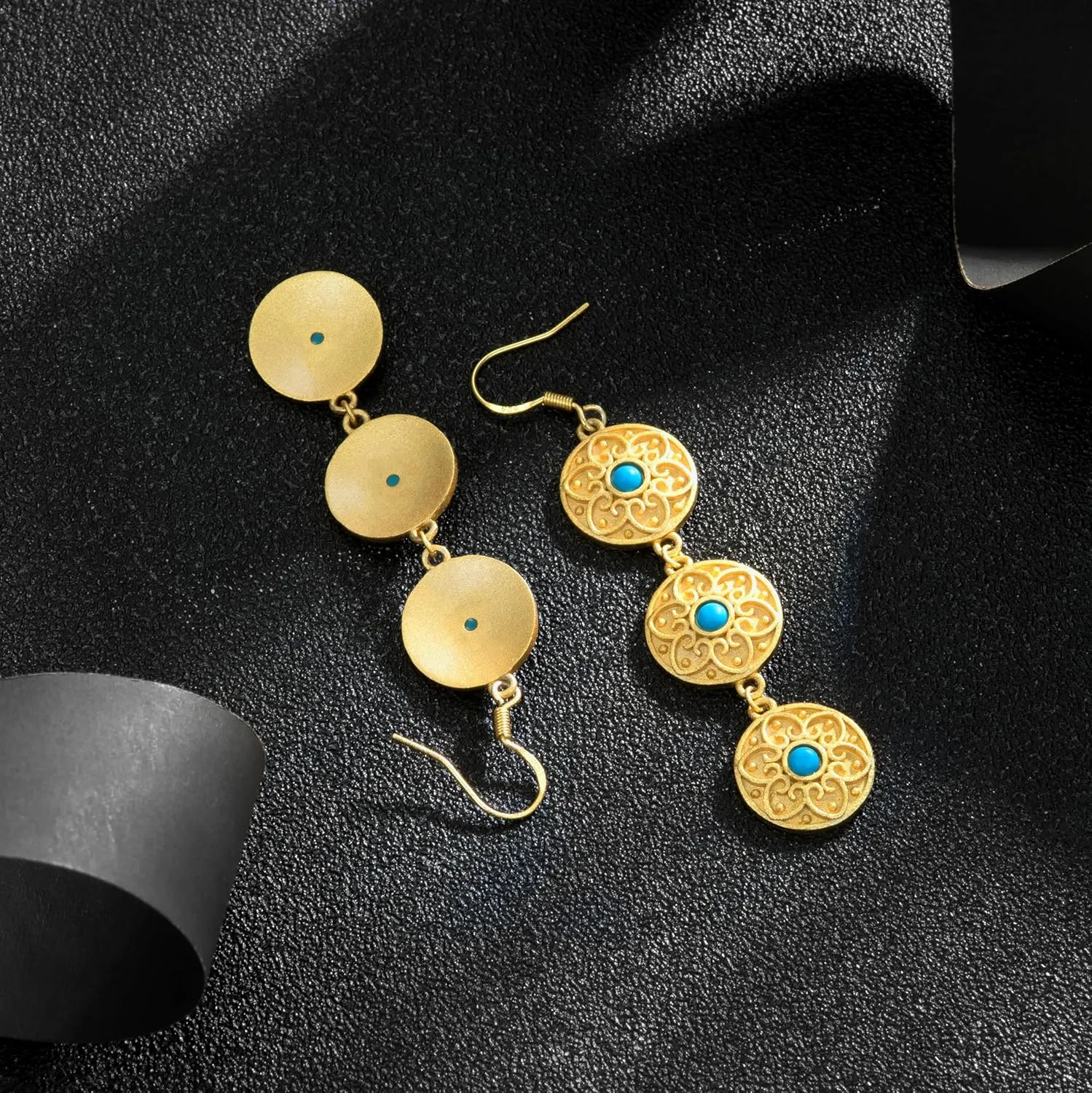 Bohemian Floral Filigree Gold Plated Turquoise Lapis Lazuli Drop Dangle Earrings, 925 Sterling Silver Durable Hook Earrings, Retro Jewelry Gift for Mother Women