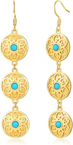 Bohemian Floral Filigree Gold Plated Turquoise Lapis Lazuli Drop Dangle Earrings, 925 Sterling Silver Durable Hook Earrings, Retro Jewelry Gift for Mother Women